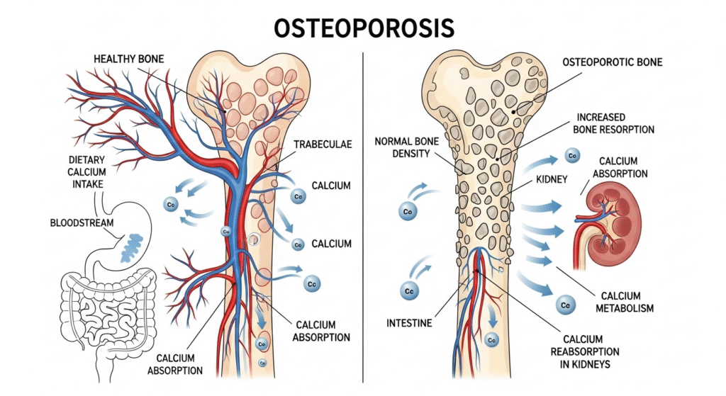 Medical illustration showing Osteoporosis and Calcium Metabolism with porous weak bones compared to healthy bones, highlighting calcium metabolism and bone density loss.
