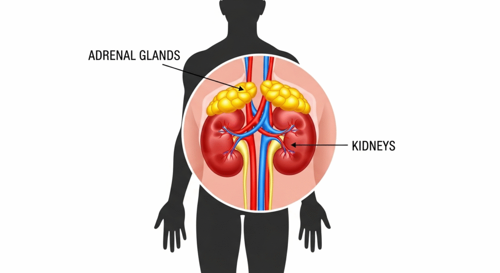 Medical illustration showing adrenal gland disorders above kidneys with labeled diagram
