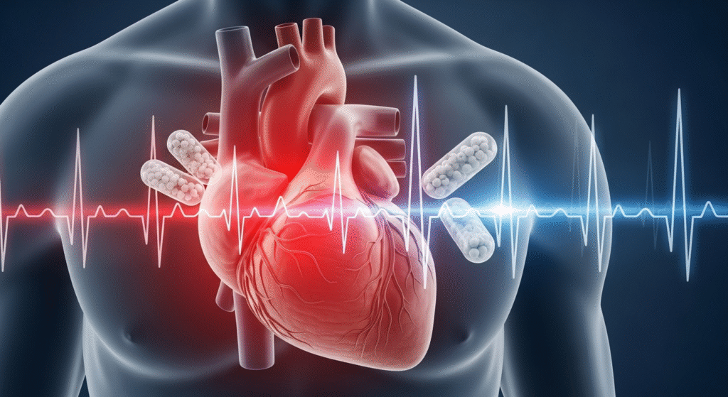 Medical illustration of antiarrhythmic drugs showing human heart, ECG waves, and treatment for arrhythmia