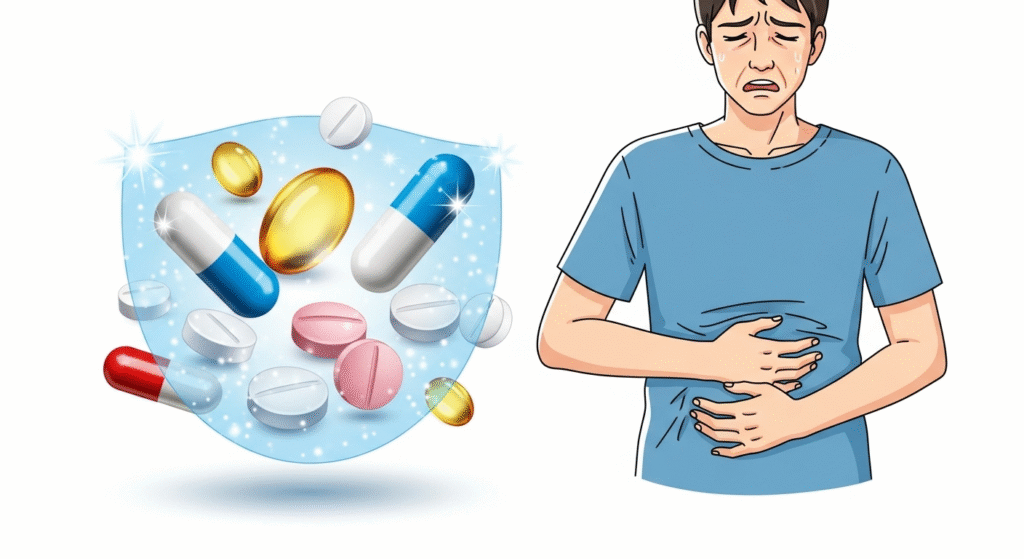 Medical illustration showing antiemetics drugs for nausea and vomiting relief