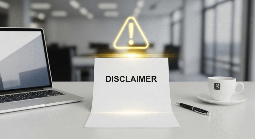 Disclaimer page image showing important notice paper with caution icon symbolizing transparency and warning.