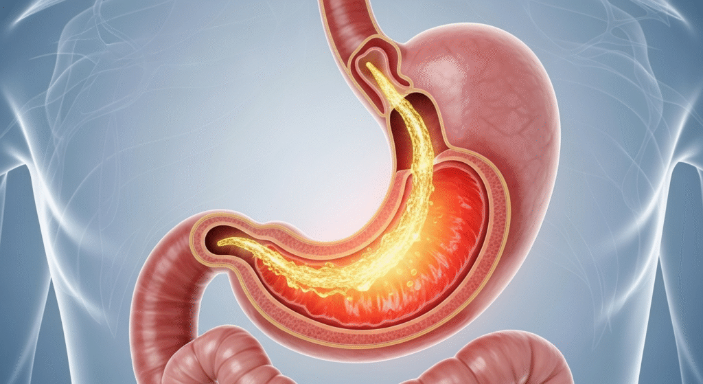Realistic medical illustration of GERD showing acid reflux from stomach to esophagus