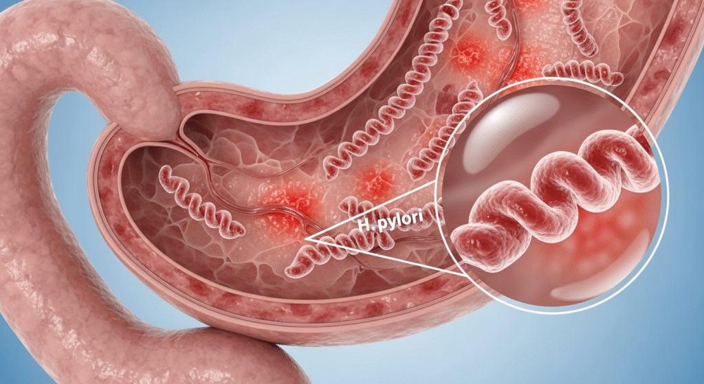 Realistic illustration of Helicobacter pylori bacteria infecting the stomach lining with inflammation