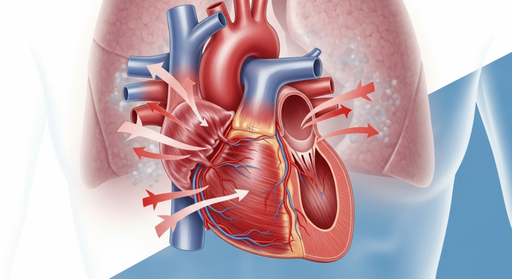 Realistic medical illustration of heart failure showing weak heart muscle and poor blood circulation