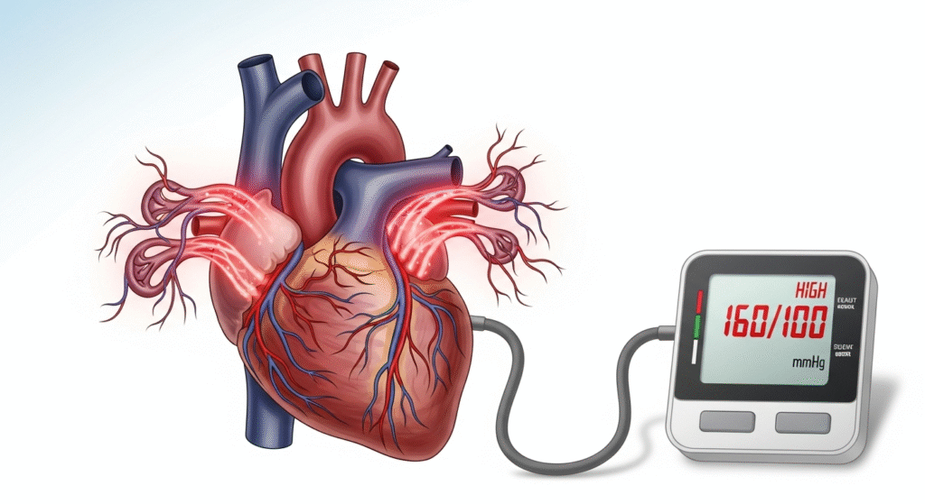 Medical illustration of antihypertensive drugs lowering high blood pressure with heart and arteries