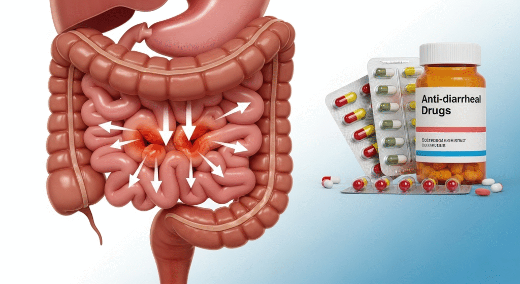 Realistic medical illustration of IBS-D and Diarrhea with inflamed intestines and anti-diarrheal drugs
