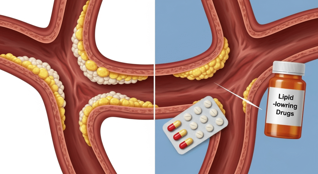 Medical illustration showing cholesterol plaque in arteries and effect of lipid-lowering drugs