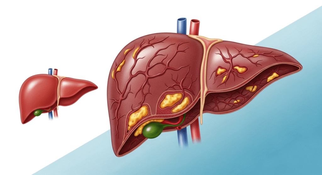 Medical illustration of liver disease showing inflamed and scarred liver compared with healthy liver
