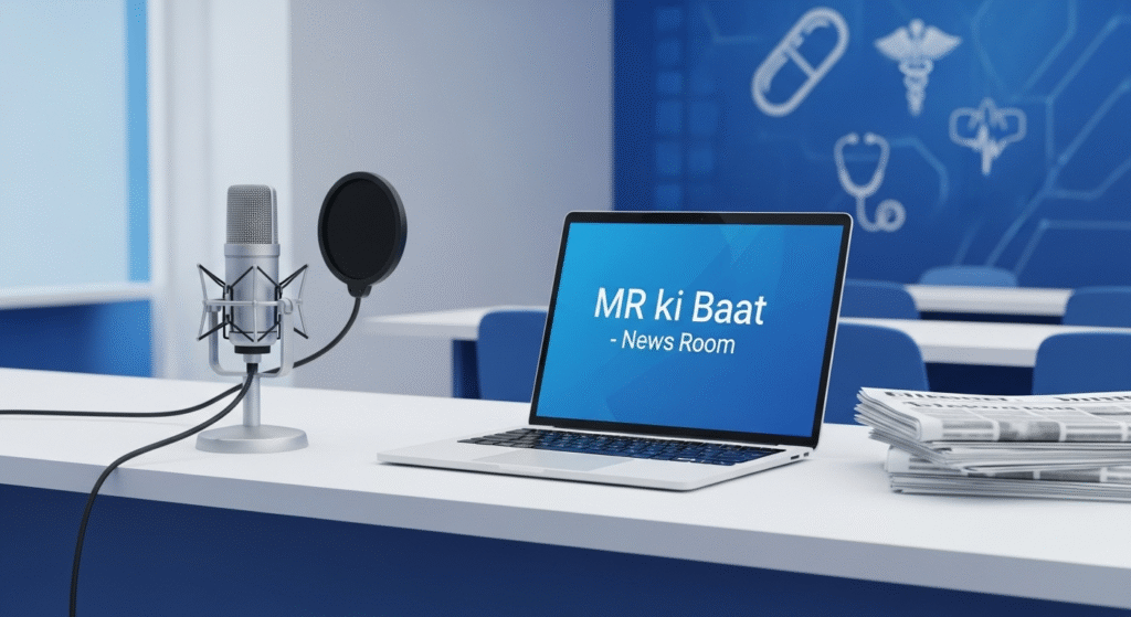 Newsroom-style illustration for MR ki Baat – News Room with medical and pharma theme