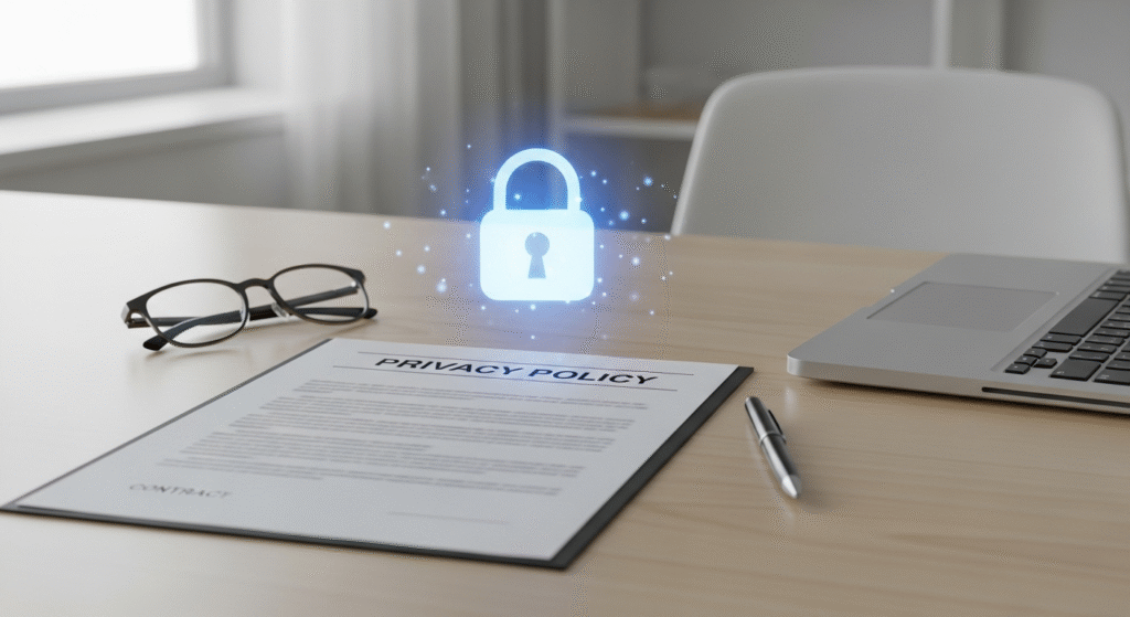 Privacy Policy page image showing contract paper with lock icon representing trust and data security