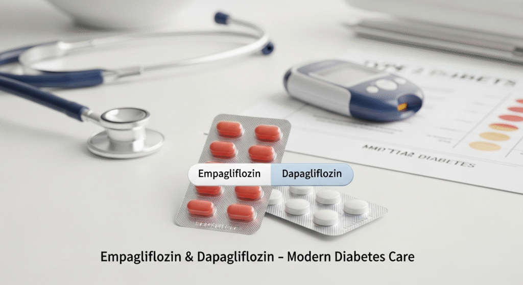 Empagliflozin aur Dapagliflozin tablets used for Type 2 Diabetes management showing modern oral antidiabetic treatment concept