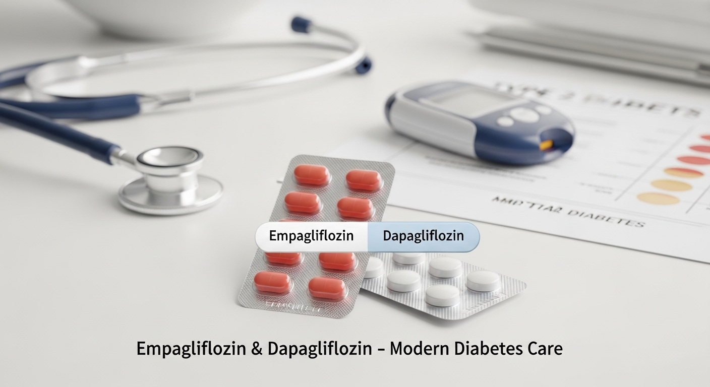 Empagliflozin aur Dapagliflozin tablets used for Type 2 Diabetes management showing modern oral antidiabetic treatment concept